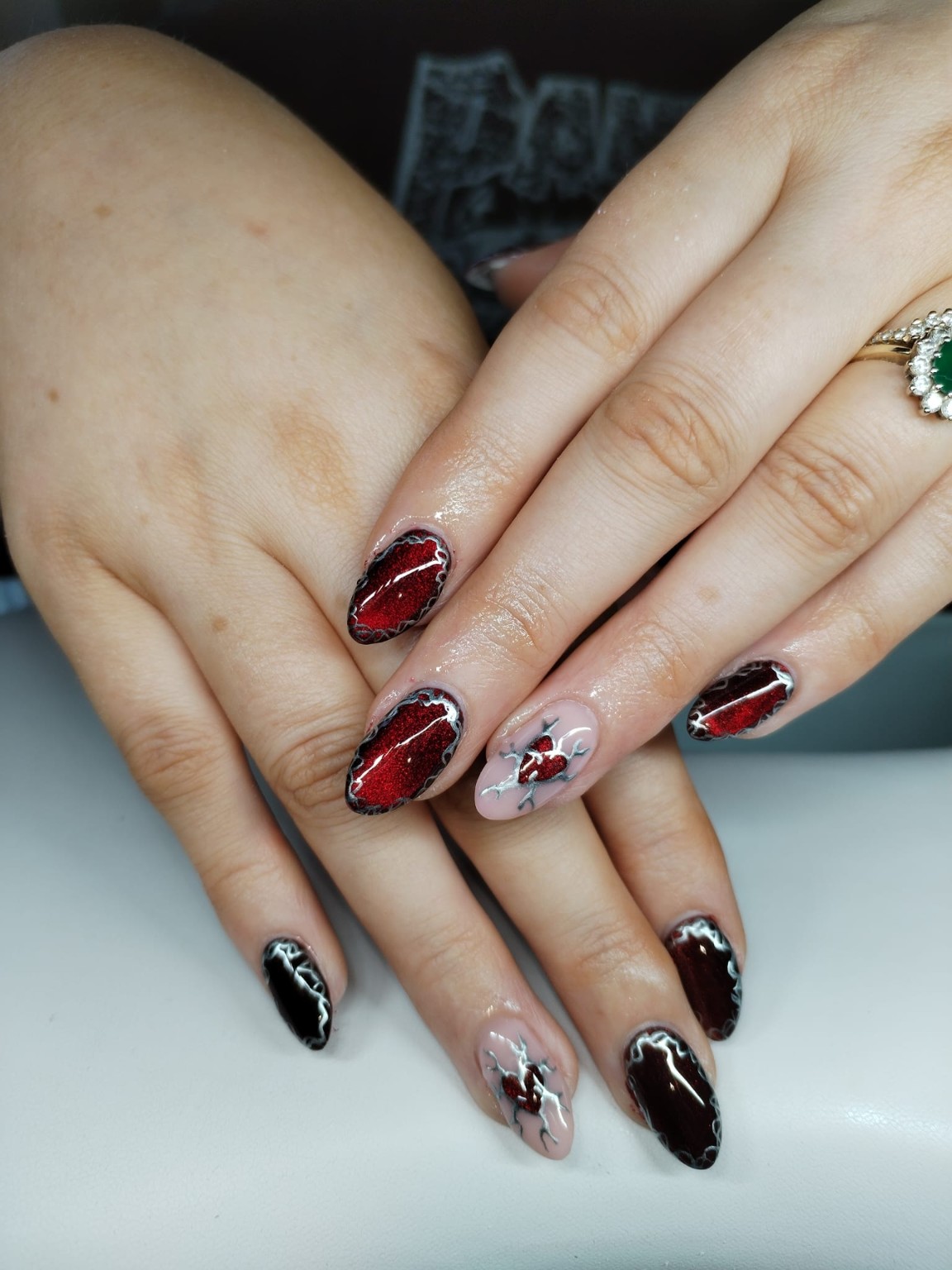 Red metallic detailed nail art by Moy Nails