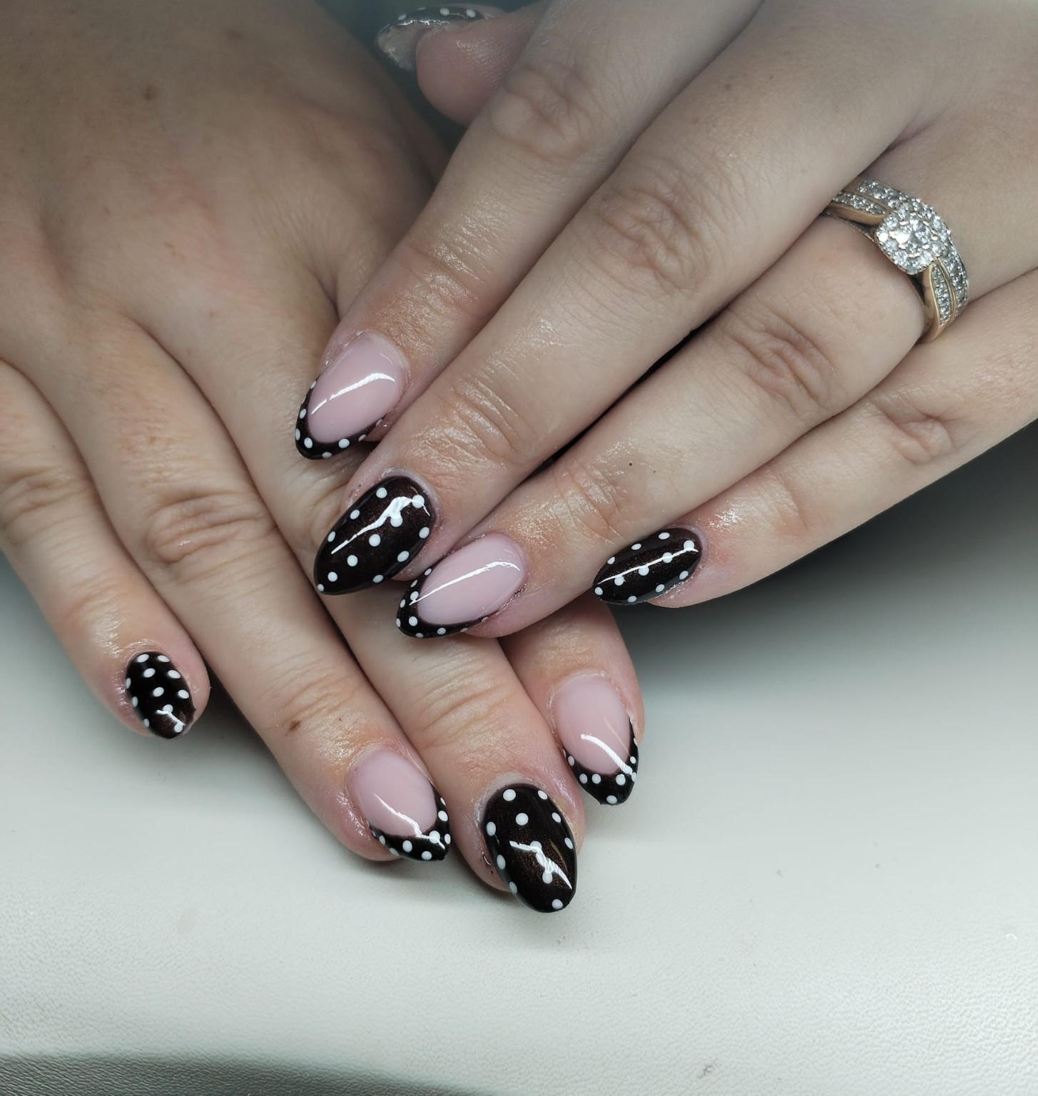 Black French tips with white dot nail art by Moy Nails